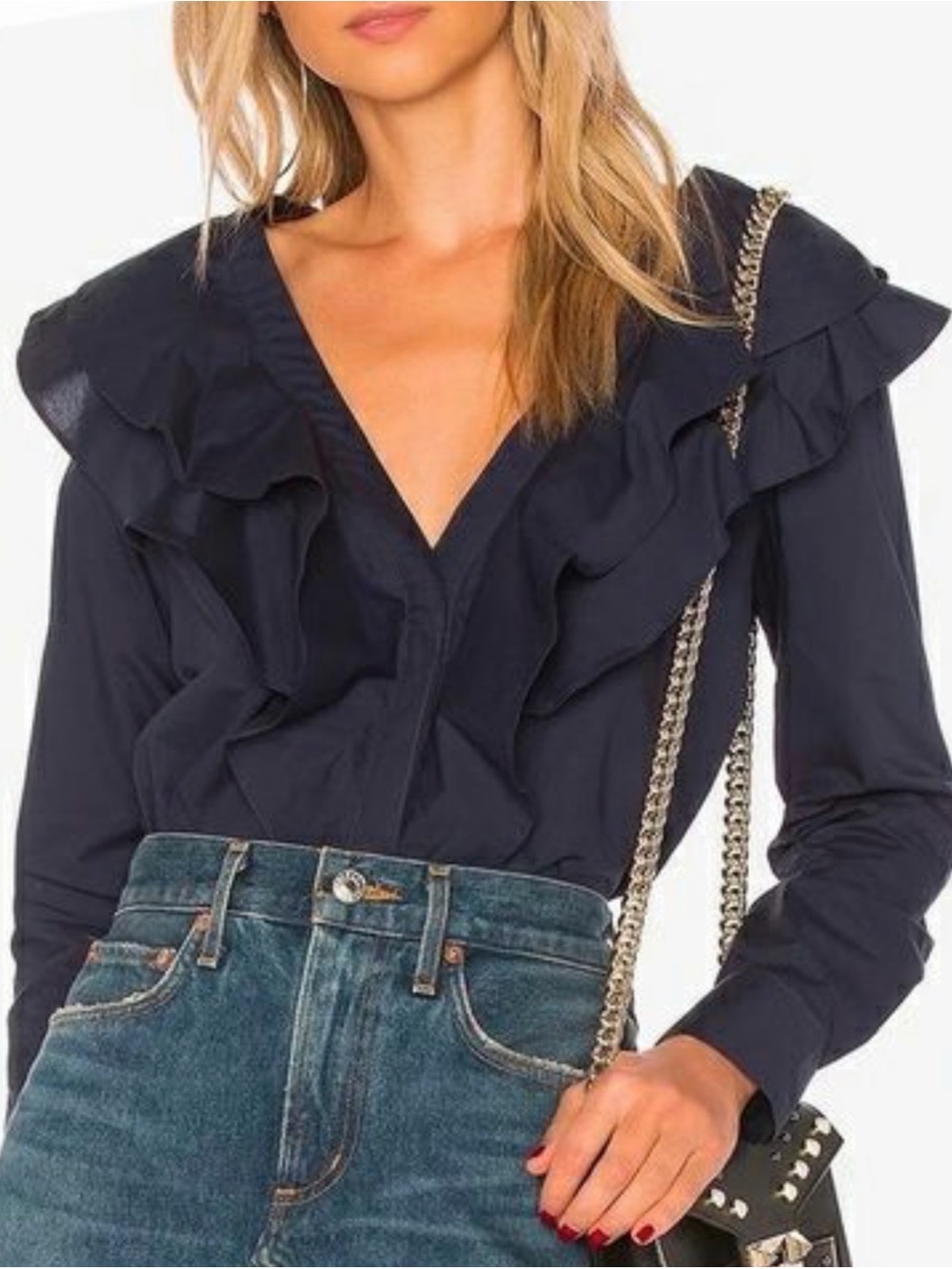 L'Academie Navy Ruffle V-Neck Blouse